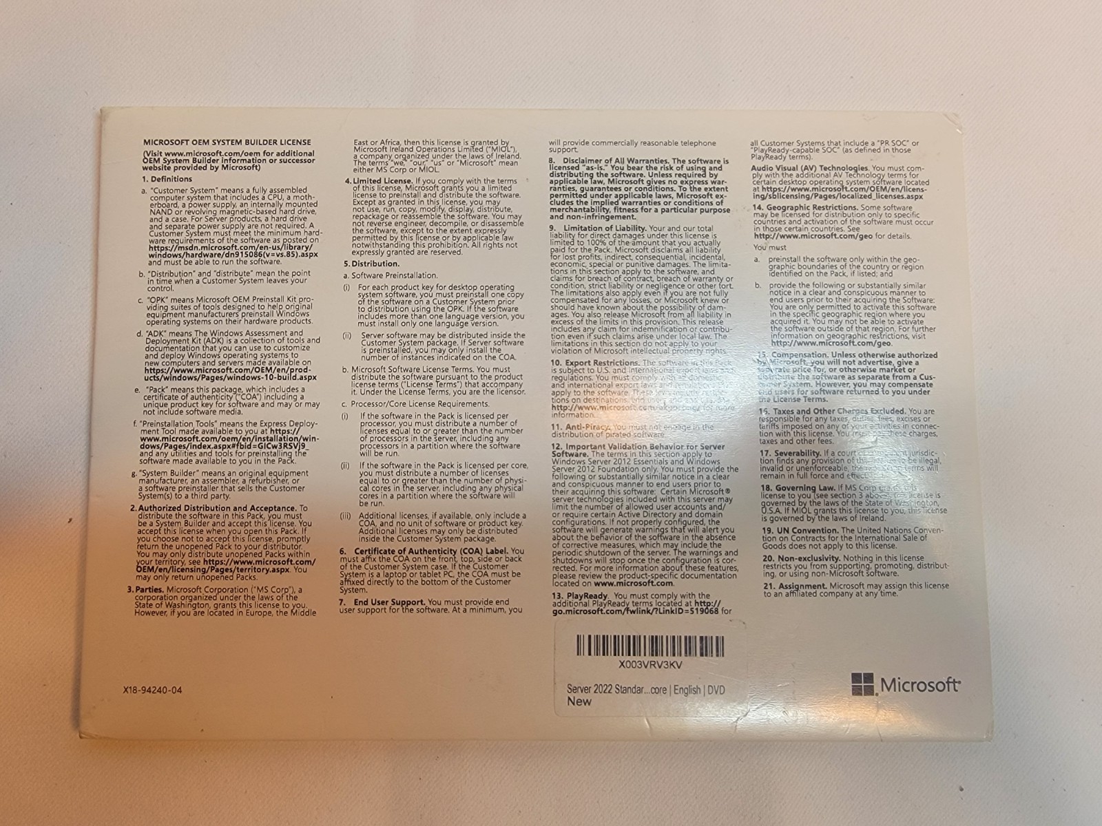 X18-45392 Microsoft Windows SVR STD 2012 x64 English Software DVD 2CPU/2VM