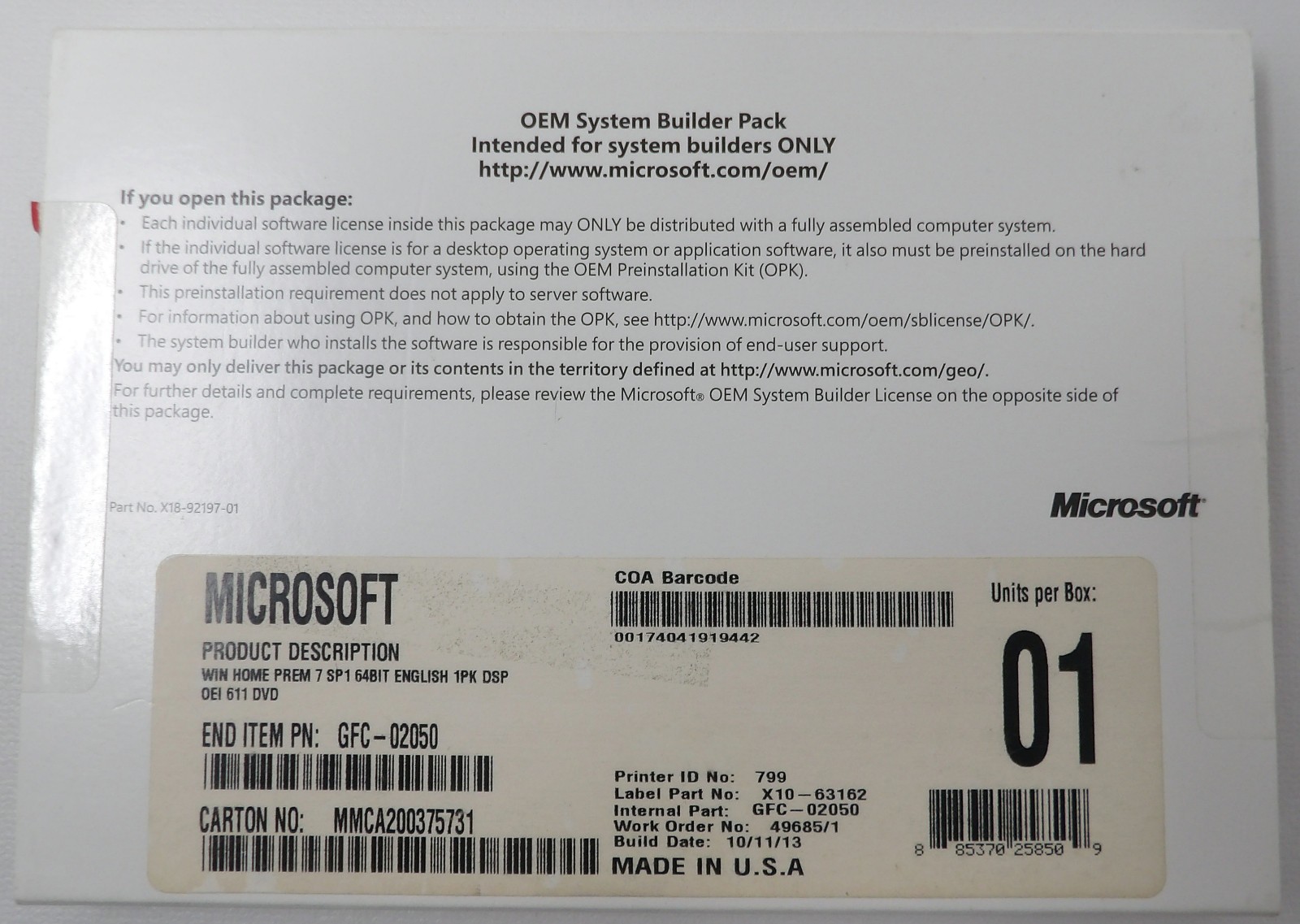 Microsoft Windows 7 Home Premium SP1 64-bit OEM Software Disc & COA Key