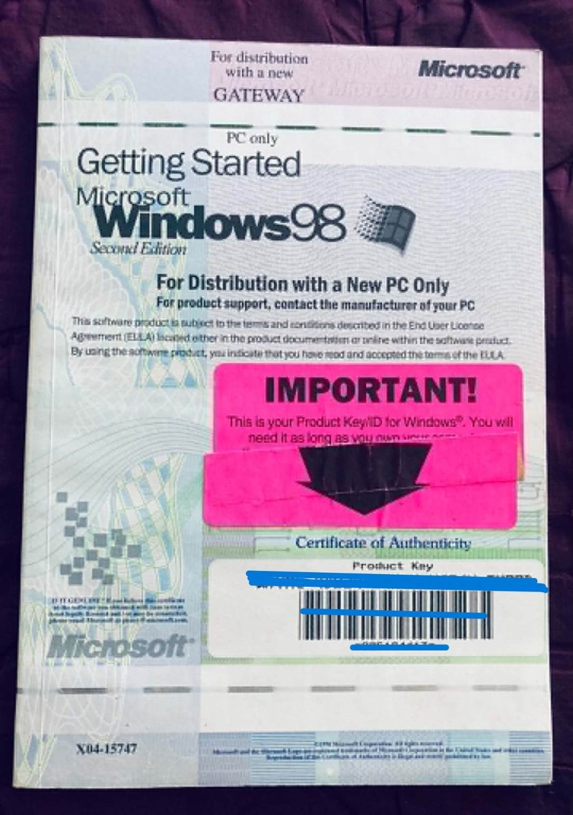 Microsoft Windows 98 Second 2nd Edition Full Install CD-ROM+COA Key & User Guide