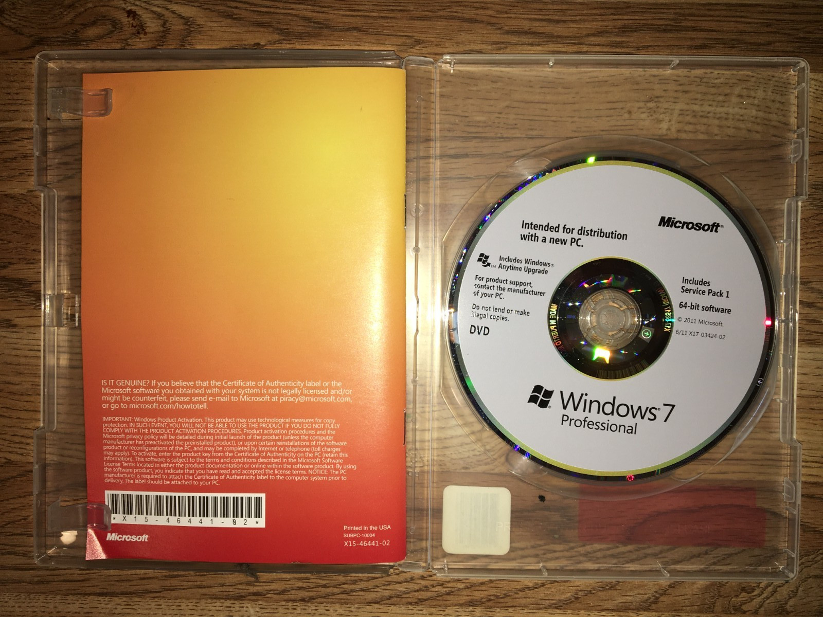 Microsoft Windows 7 Professional 64Bit DVD.OEM.Great Condition.NO Product Key