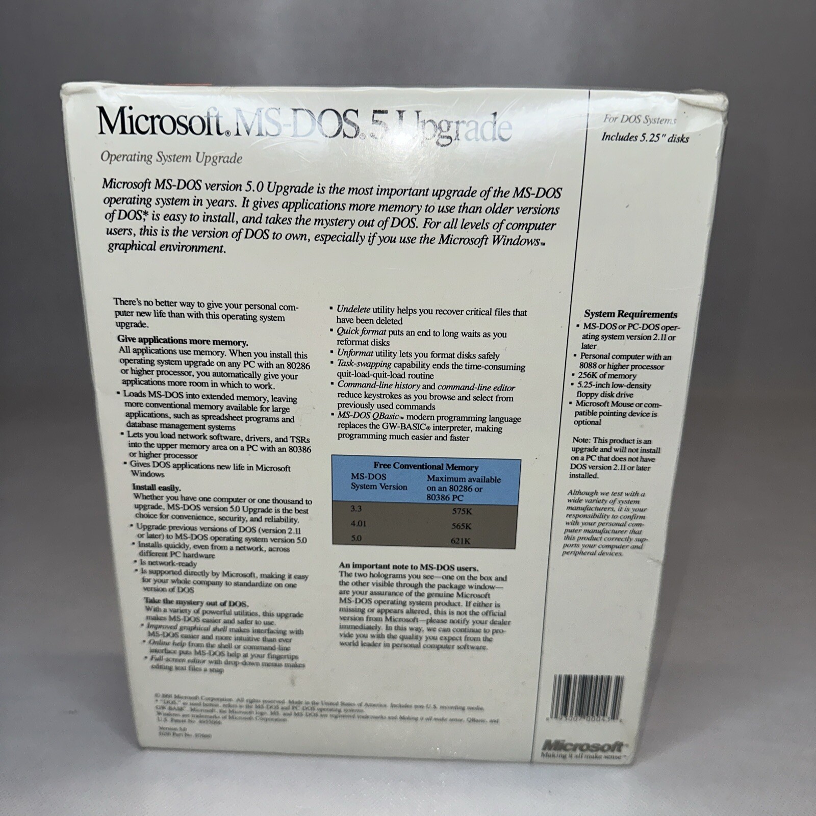 NOS Microsoft MS Dos 5 Upgrade PC Software Factory Sealed Includes 5.25 Disks