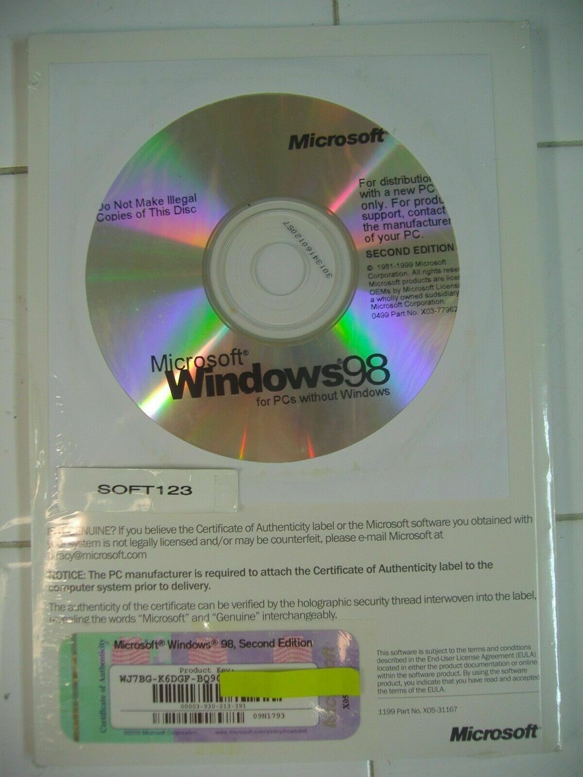 MICROSOFT WINDOWS 98 SE SECOND EDITION FULL ENGLISH VERSION MS WIN 98SE =NEW=