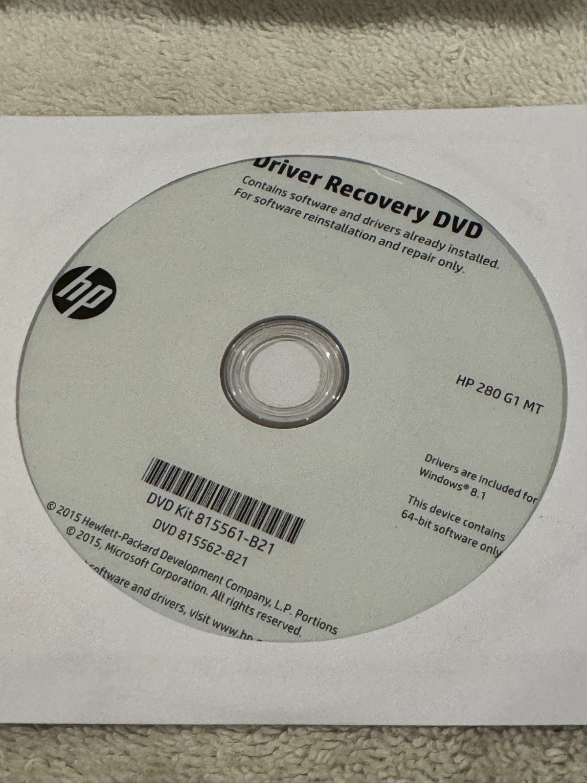 HP Driver Recovery DVD HP280G1 MT Win 8.1 – DVD ONLY IN GOOD CONDITION!!