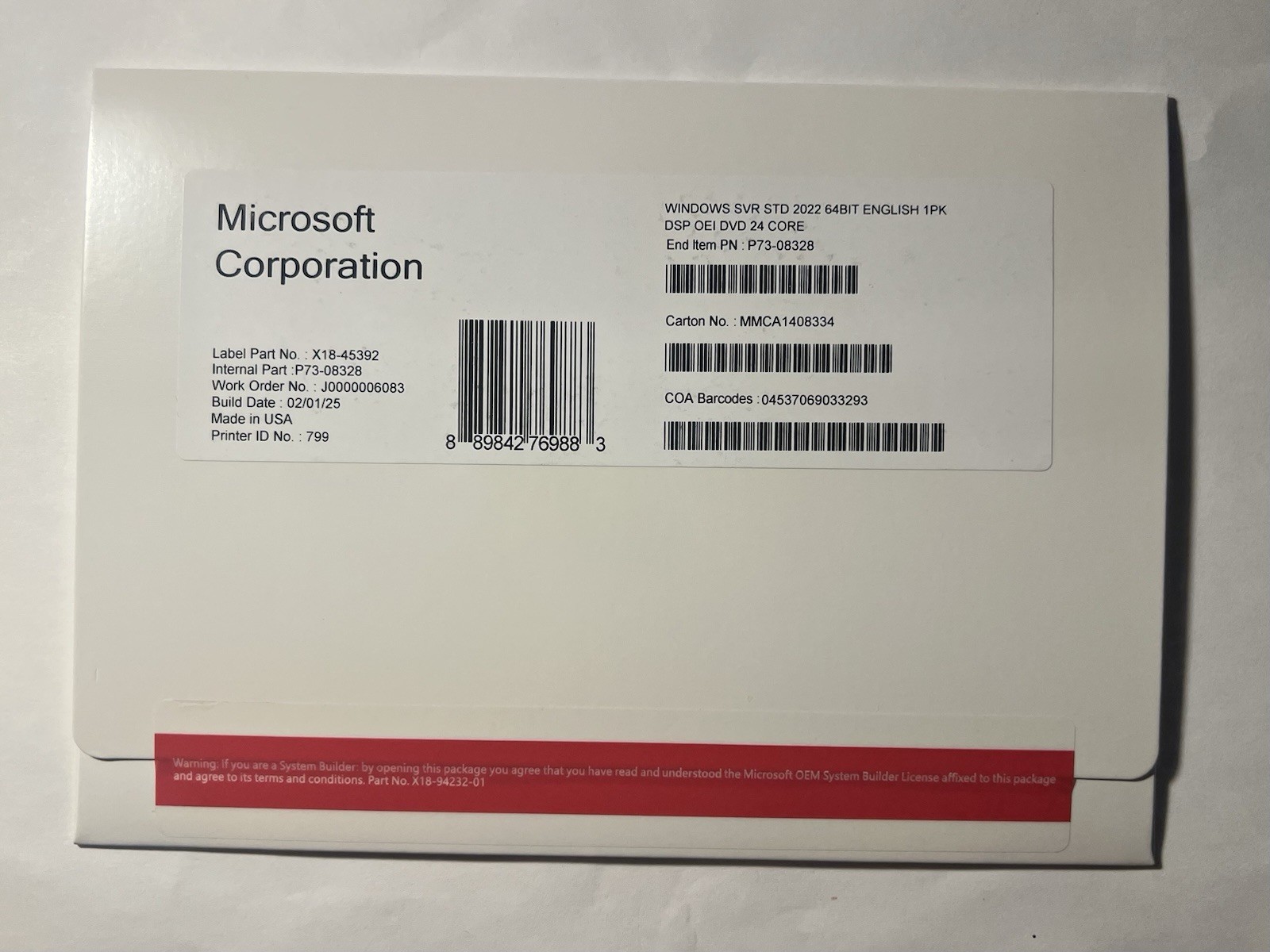 Microsoft Windows Server 2022 Standard 64bit 24 Core DVD&Key (NEW)