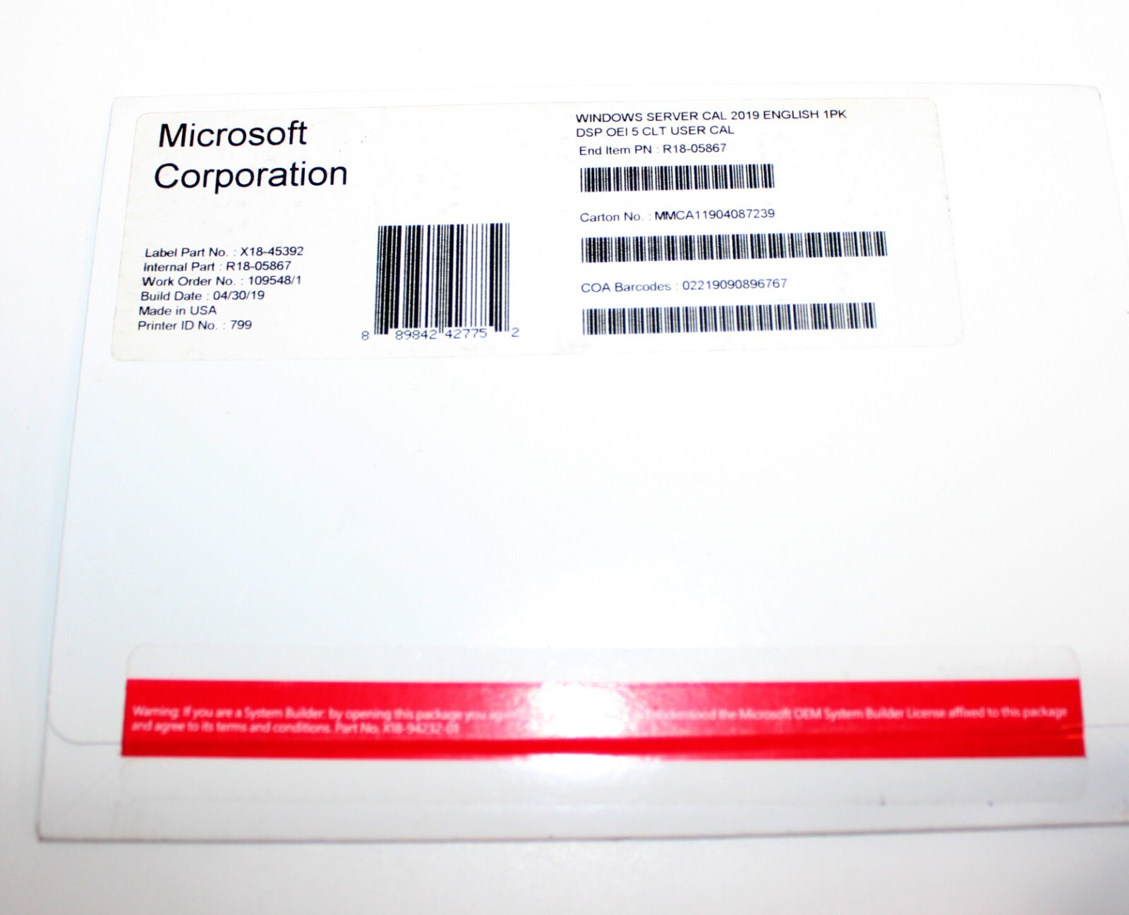 Windows Server CAL 2019, R18-05867 MICROSOFT SERVER 2019 5 USER CAL LICENSE