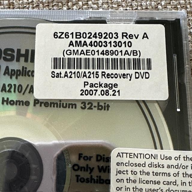 Toshiba A210/ASeries Recovery and Applications Drivers Satellite Disc NEW SEALED
