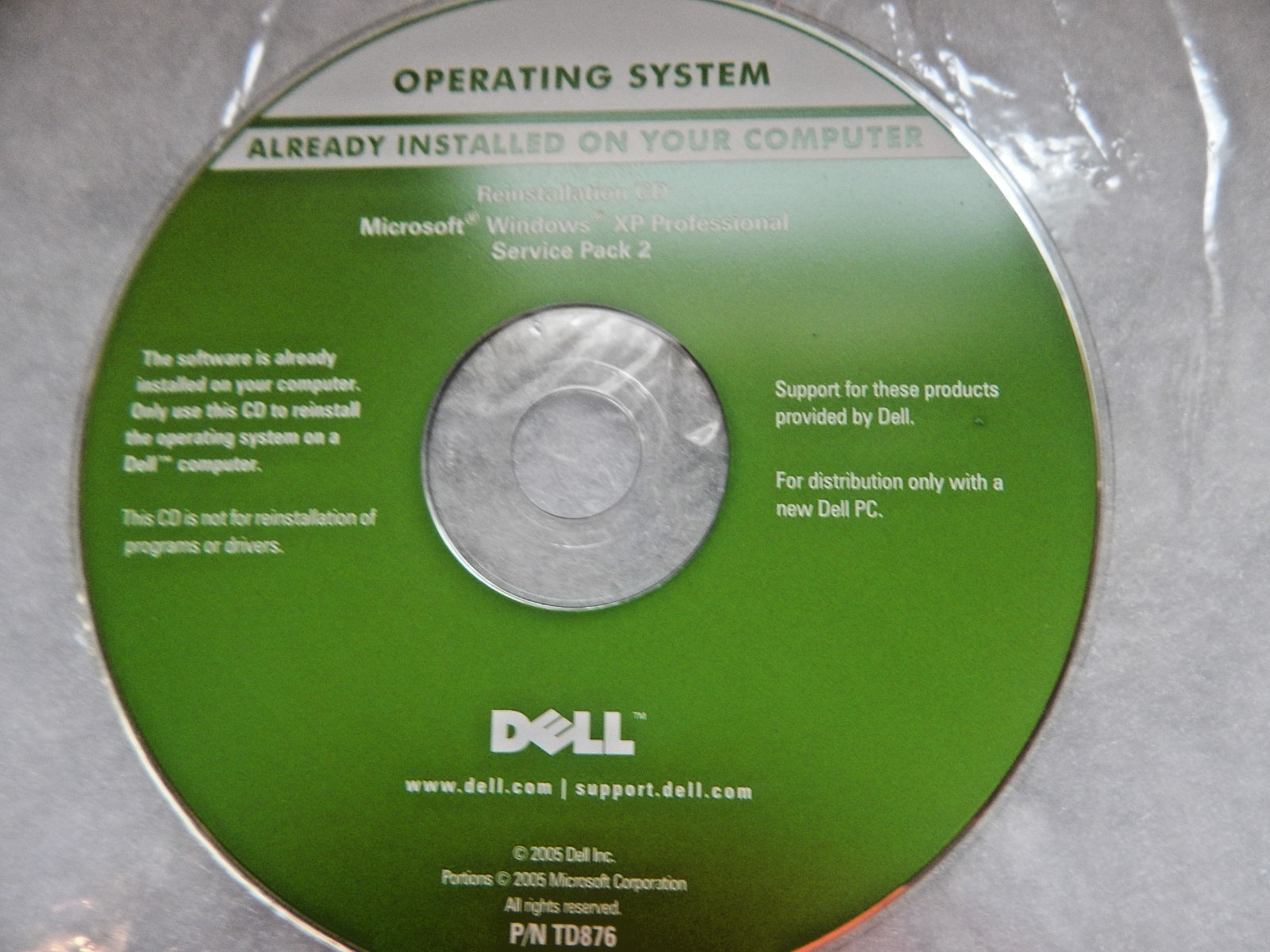 Dell OS Reinstallation CD for Windows XP Professional 2005 P/N TD876