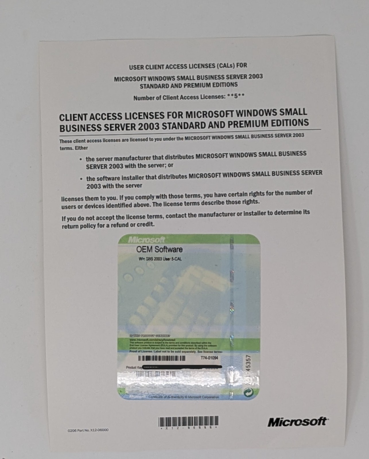Windows 2003 SMALL BUSINESS EDITION SERVER SBS 5 USER CALS