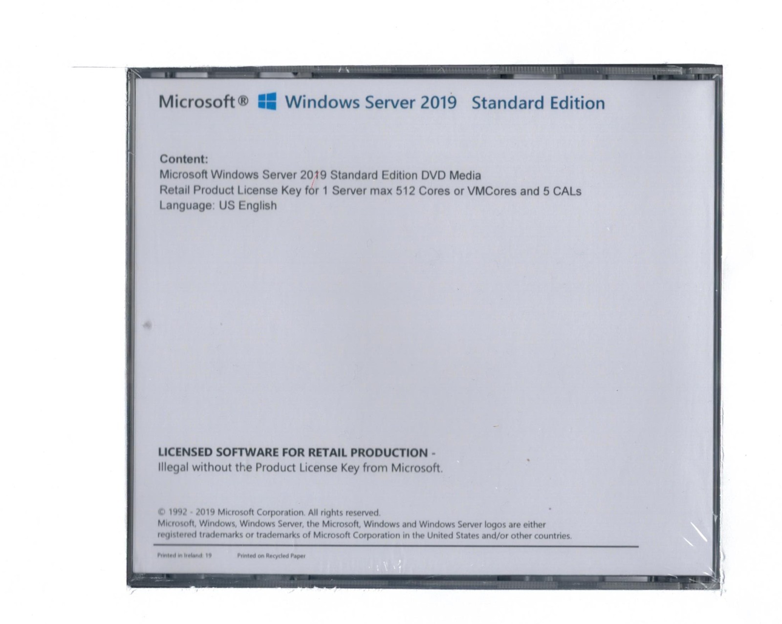Windows Server 2019 Standard Edition with 5 CALs. Retail License, English.