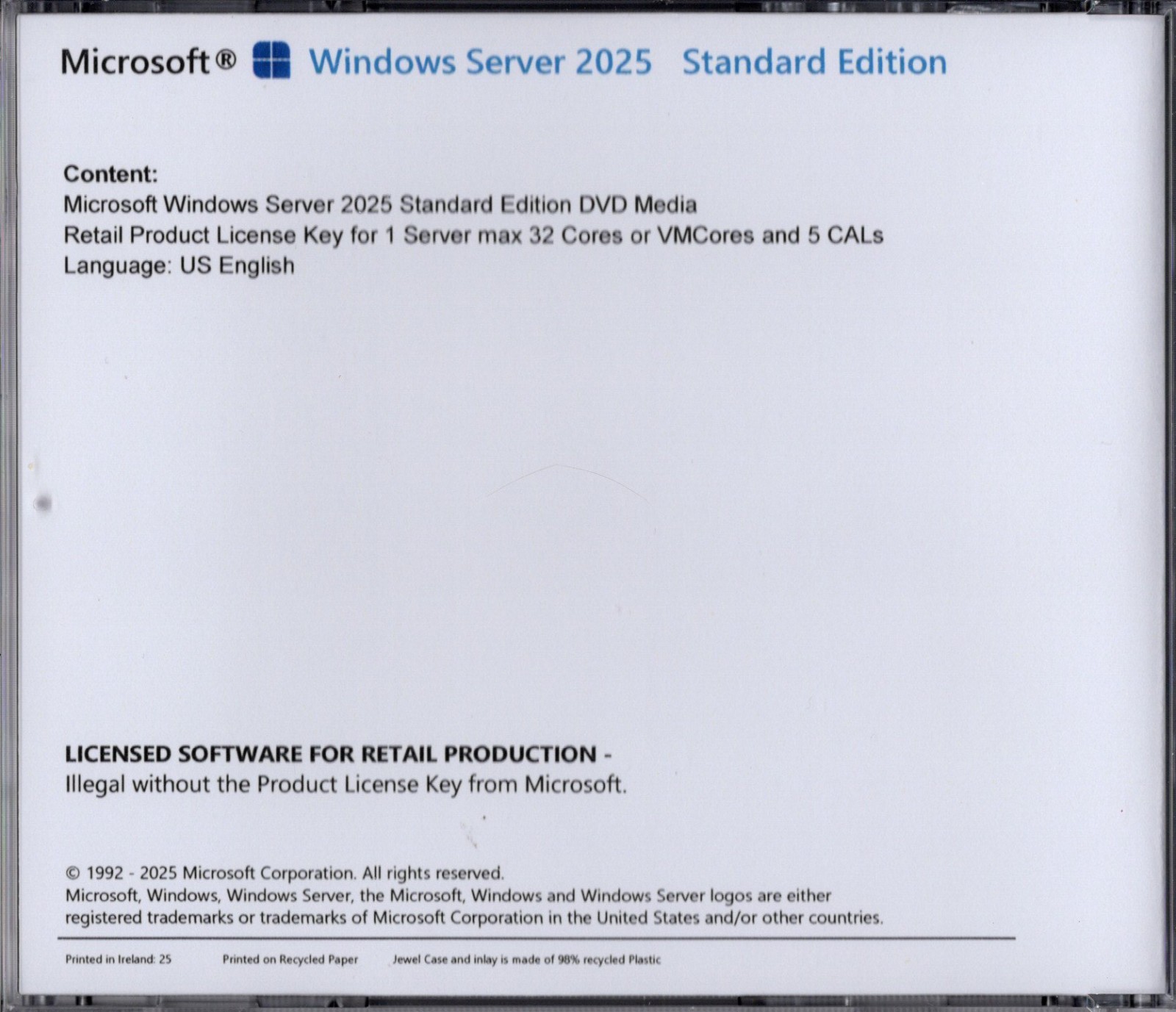Windows Server 2025 Standard with 5 CALs, 32 Cores. Retail License, English.