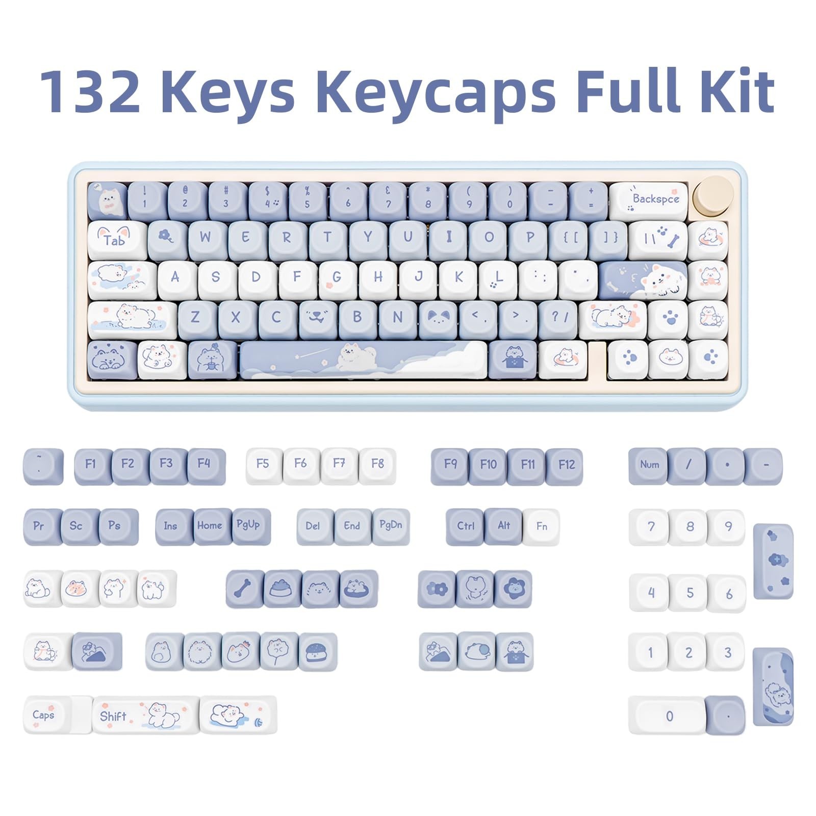 Blue White MOA Profile Custom PBT Keycaps 132 Keys Set Dye Sublimation Keycap…