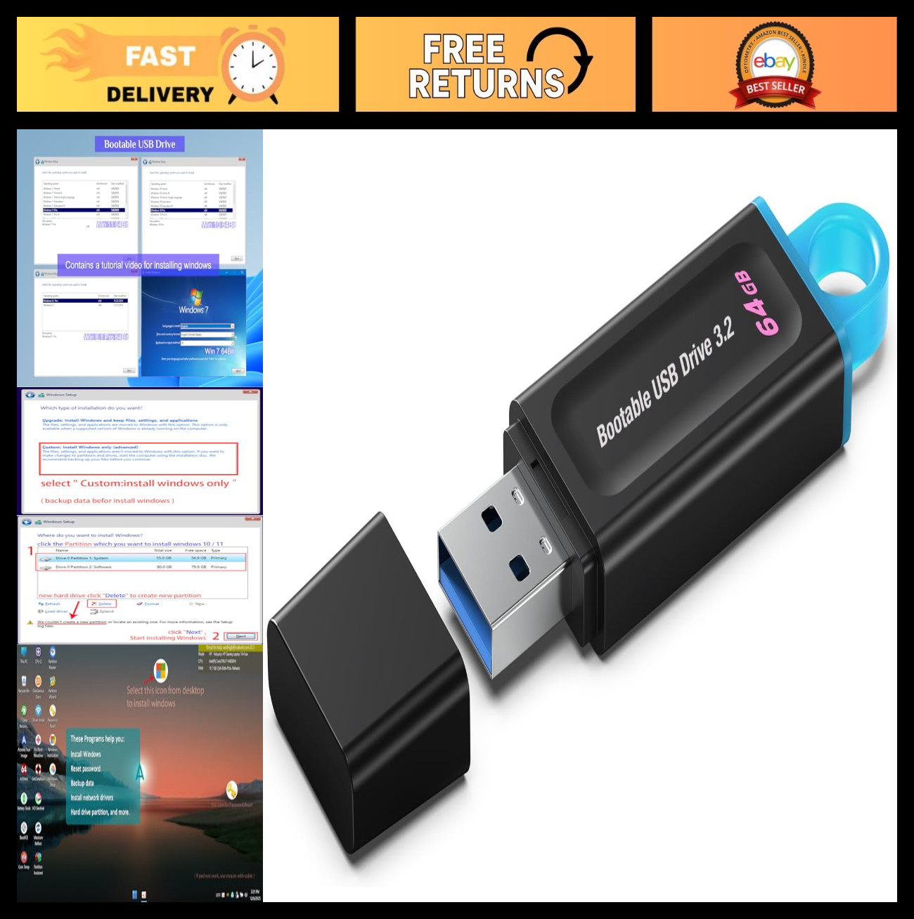 64GB Bootable USB Drive 3.2 for Windows Install & Recovery, UEFI/Legacy Support,