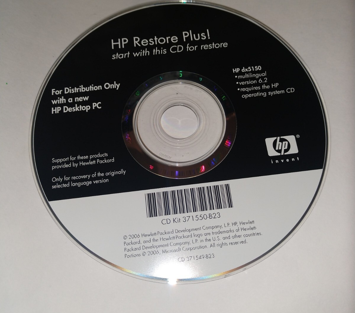 HP Restore Plus CD for HP DX5150 Good Condition