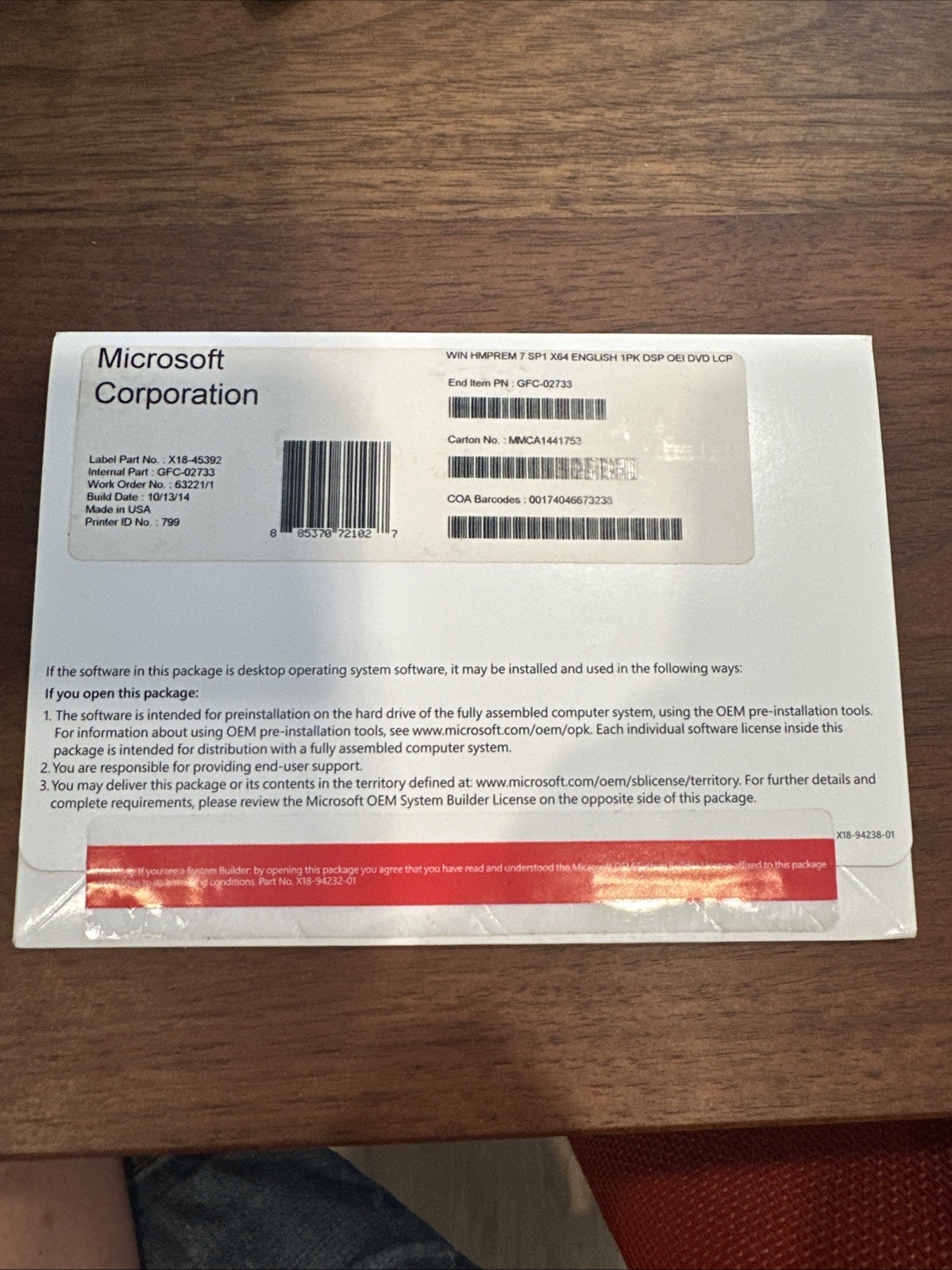 New Windows HMPREM 7 SP1 X64 ENGLISH 1PK DSP OEI DVD LCP 10/13/14