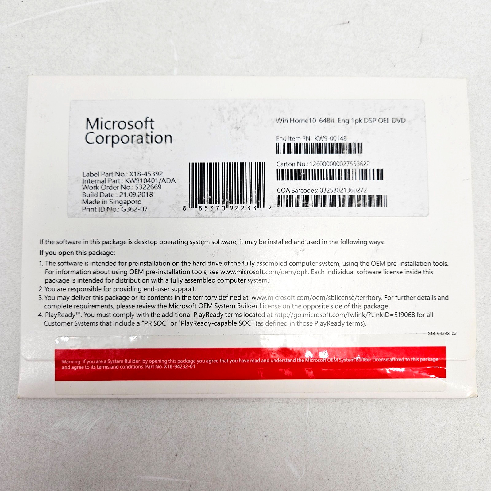 Microsoft Windows 10 Home 64 Bit DVD and COA One PC Sealed w/ Product Key