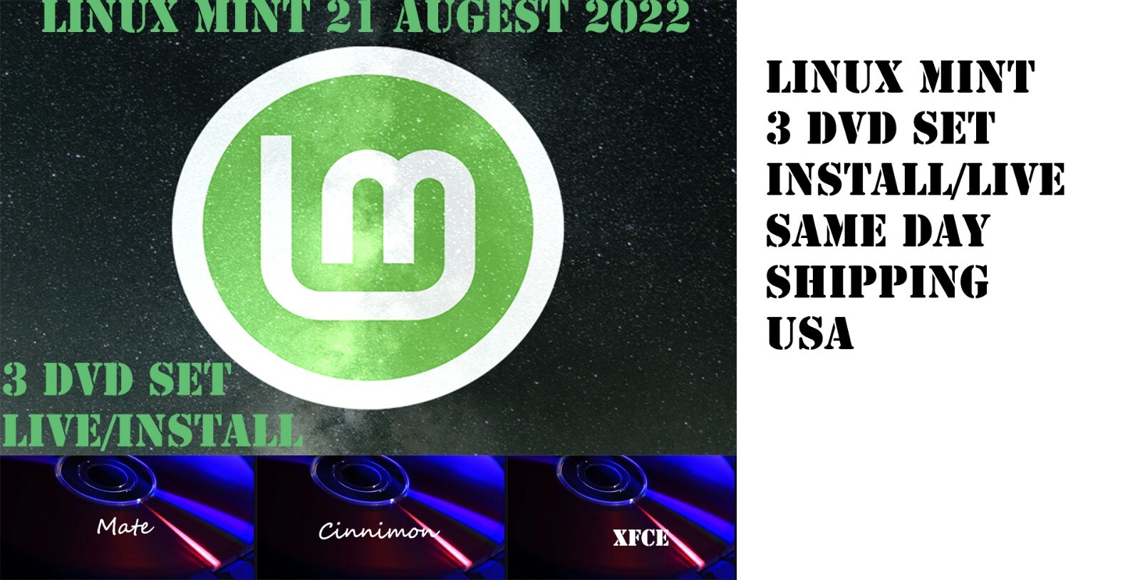 Linux Mint 21 '3″ DVD SET MATE Cinnamon XFCE Latest Version Fast Shipping USA  