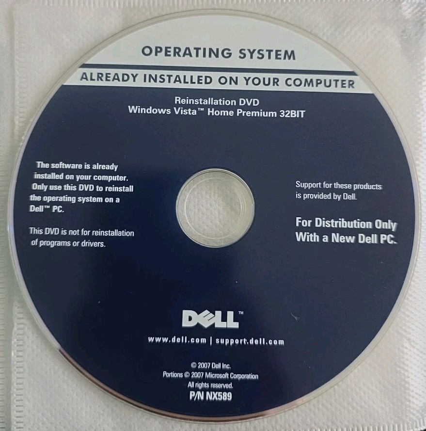 Dell Windows Vista Home Premium SP1 32-Bit Reinstallation DVD Disc