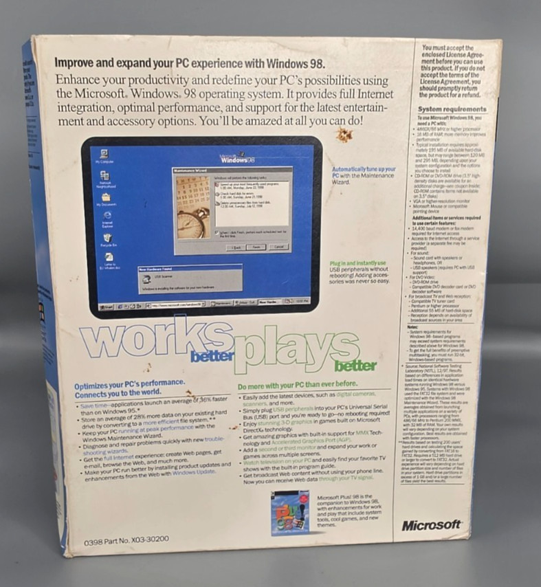 MICROSOFT WINDOWS 98 UPGRADE NEW VERSION 0398 Part X03-30200-Key Included!