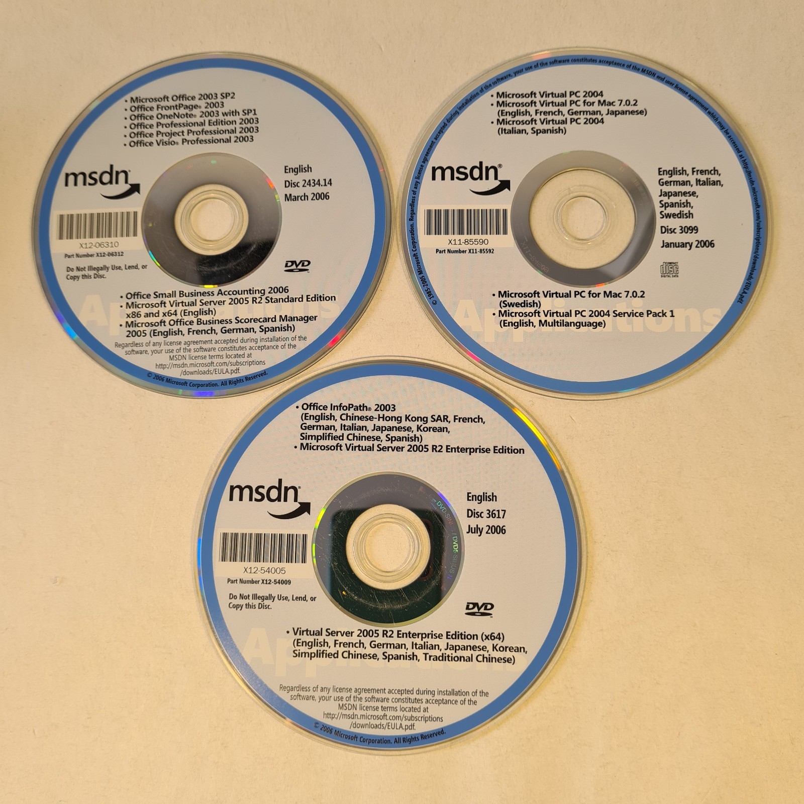 Microsoft MSDN Virtual Server 2005 R2 Enterprise Standard Virtual PC 2004 Discs