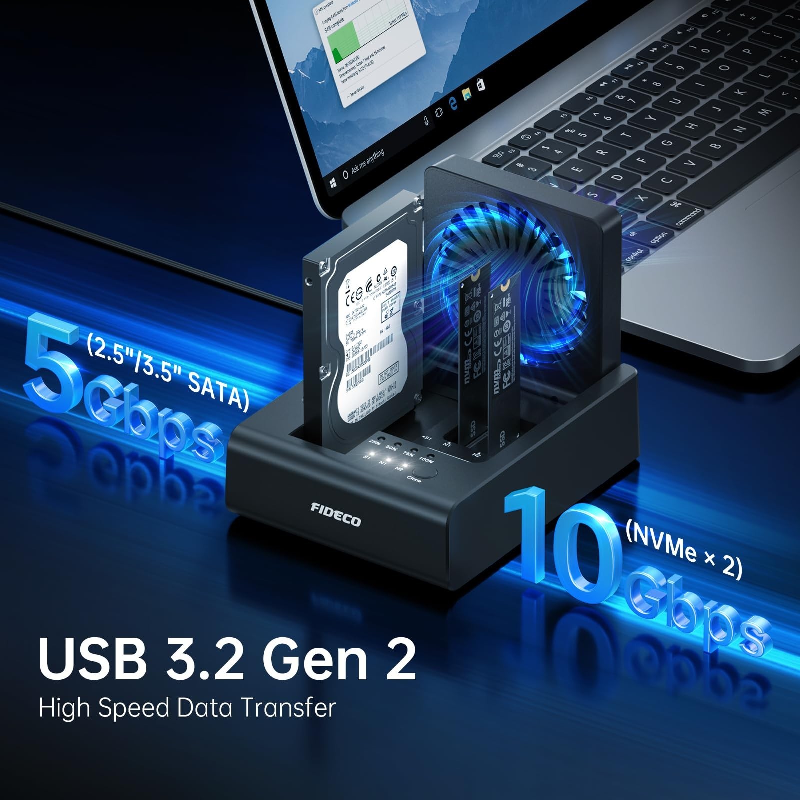 FIDECO M.2 NVMe SSD Cloner and Duplicator, 3-Bay Hard Drive Cloner Dock for M…