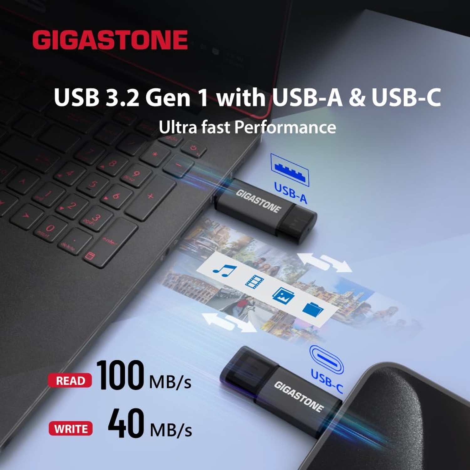 GIGASTONE 128GB Dual USB Flash Drive 2-Pack, USB 3.2 Gen 1, 2-in-1 USB C+A, S…