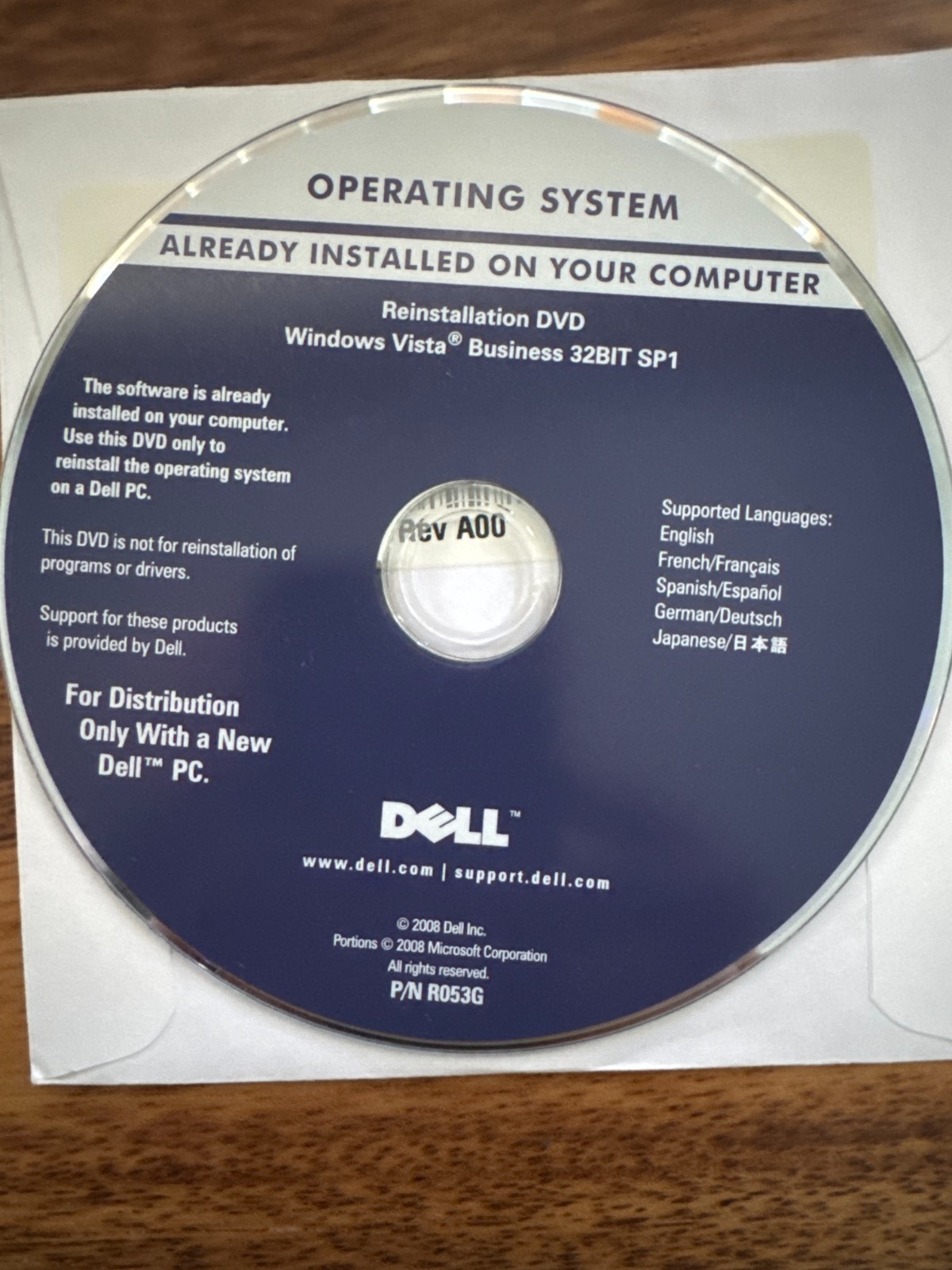 Dell Windows Vista Business 32BIT SP1 Reinstallation Disc – Sealed