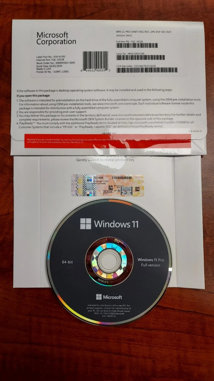 Win 11 Pro 64-Bit DVD + Genuine Product Key, Factory Sealed, Next Day Ship