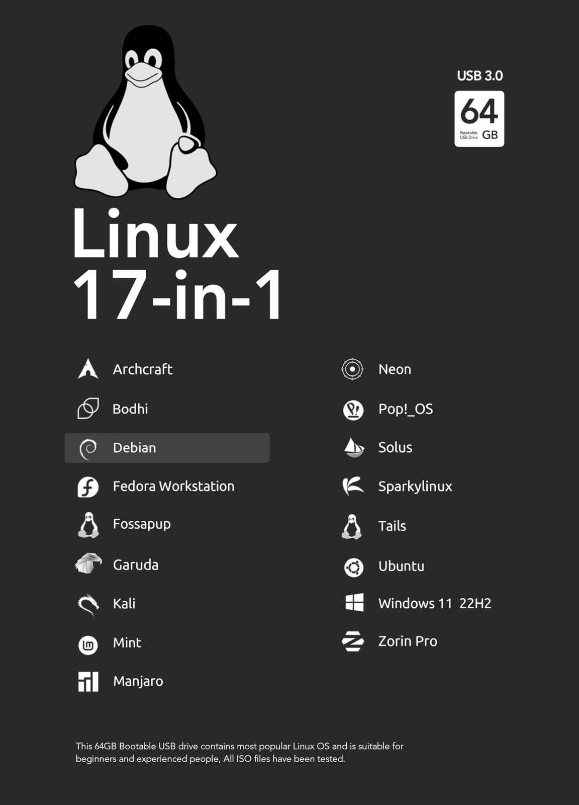64GB – 17-in-1, Bootable USB Drive 3.2 for Linux & Windows 11, Zorin | Mint |…