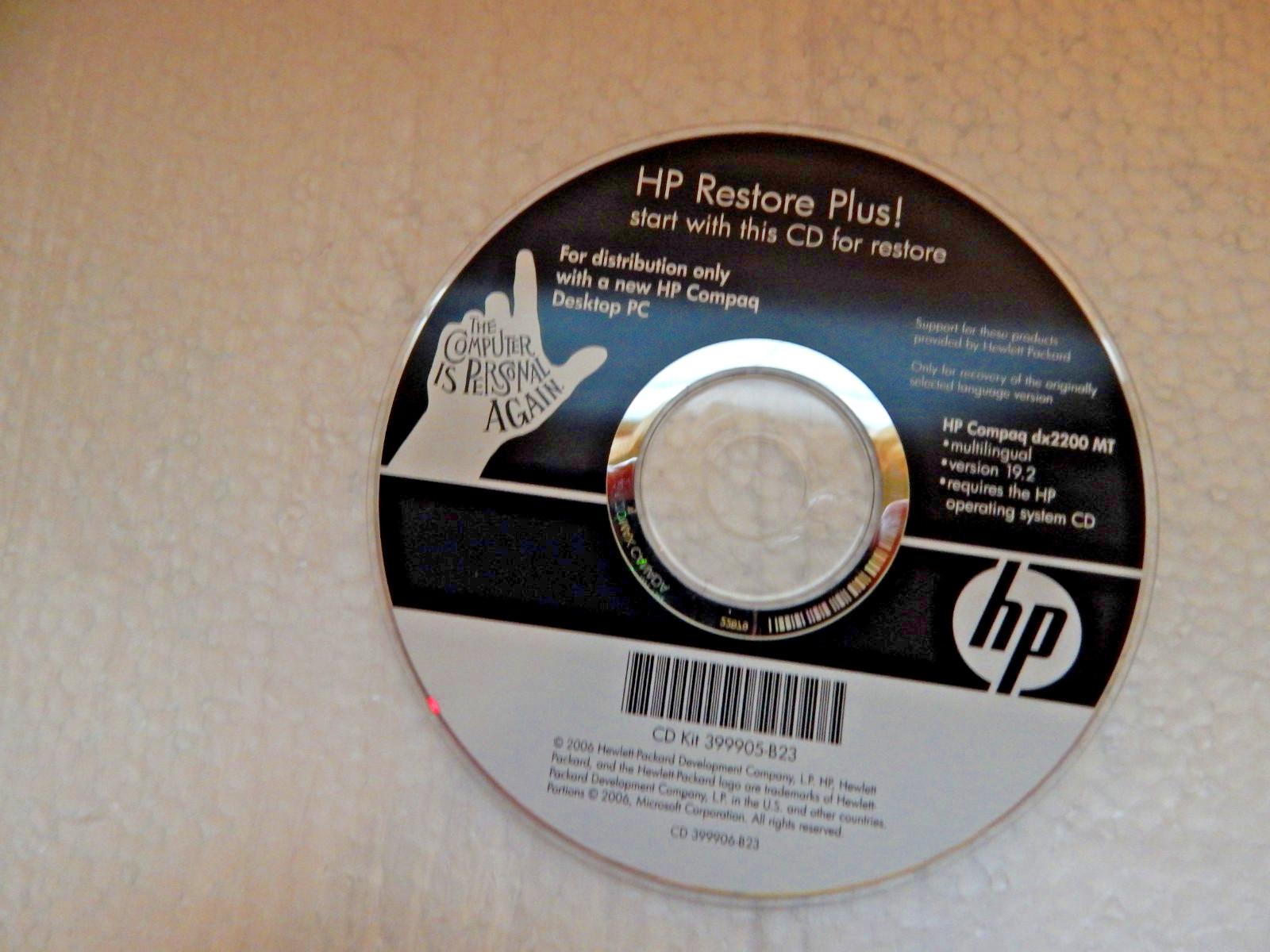 HP RESTORE PLUS hp dx2200mx 19.2 CD ONLY