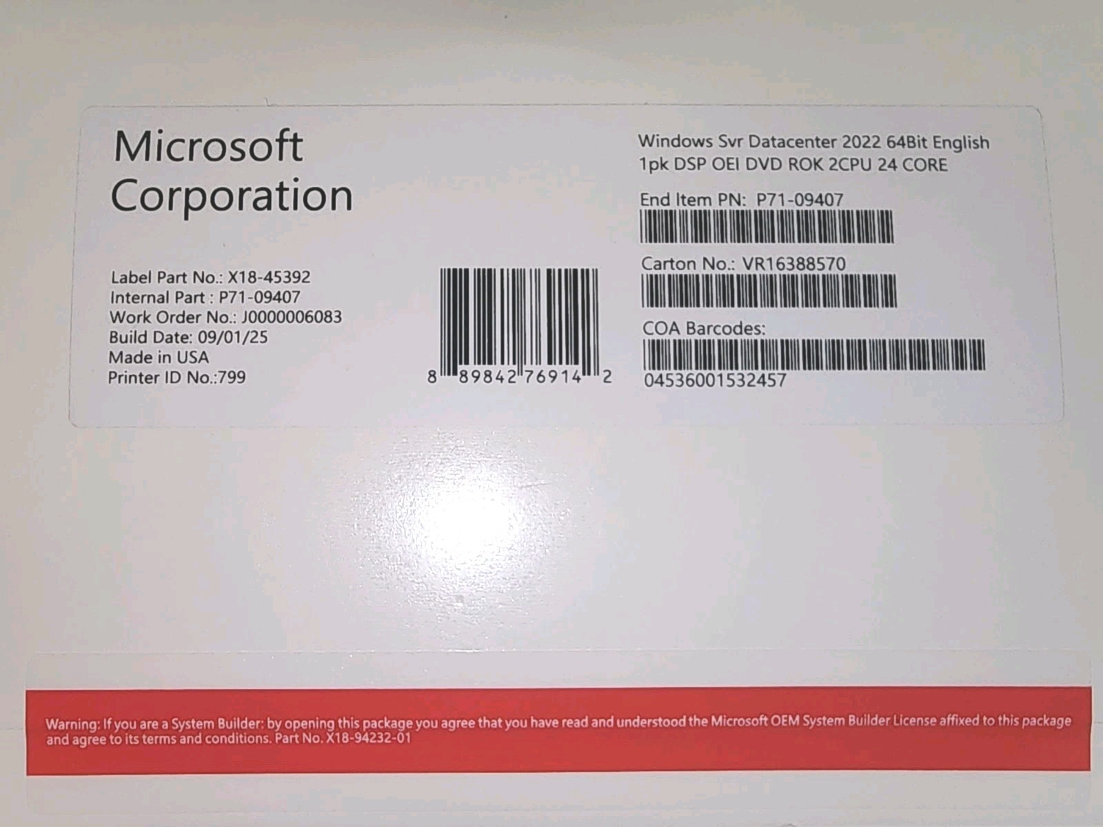 Windows Server 2022 Datacenter – 24 Core Genuine License, OEM Pack [DVD]