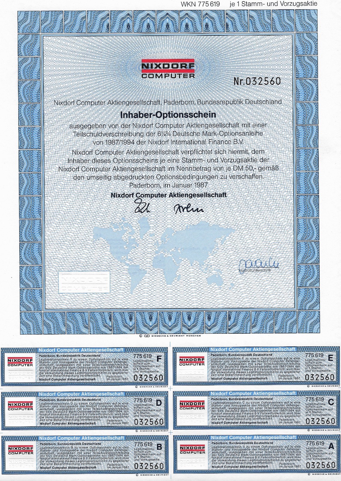 SIEMENS HISTORY *PADERBORN 1987 * WARRANT PER SOTTOSCRIVERE AZIONI NIXDORF *f