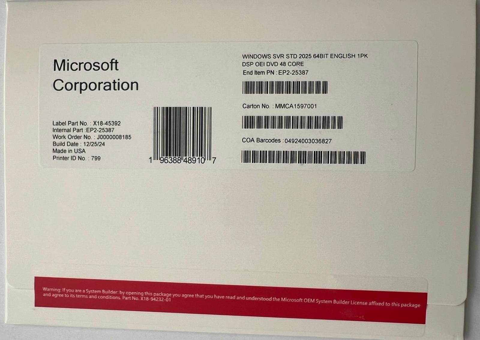Microsoft Windows Server 2025 Standard 48 Core DVD+Key (New & Sealed)