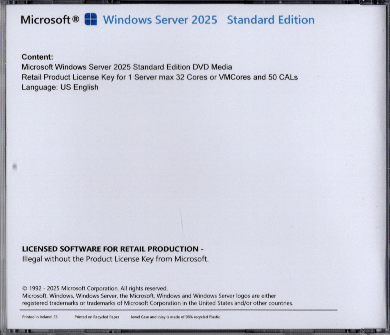 Windows Server 2025 Standard with 50 CALs, 24 Cores. Retail License, English.
