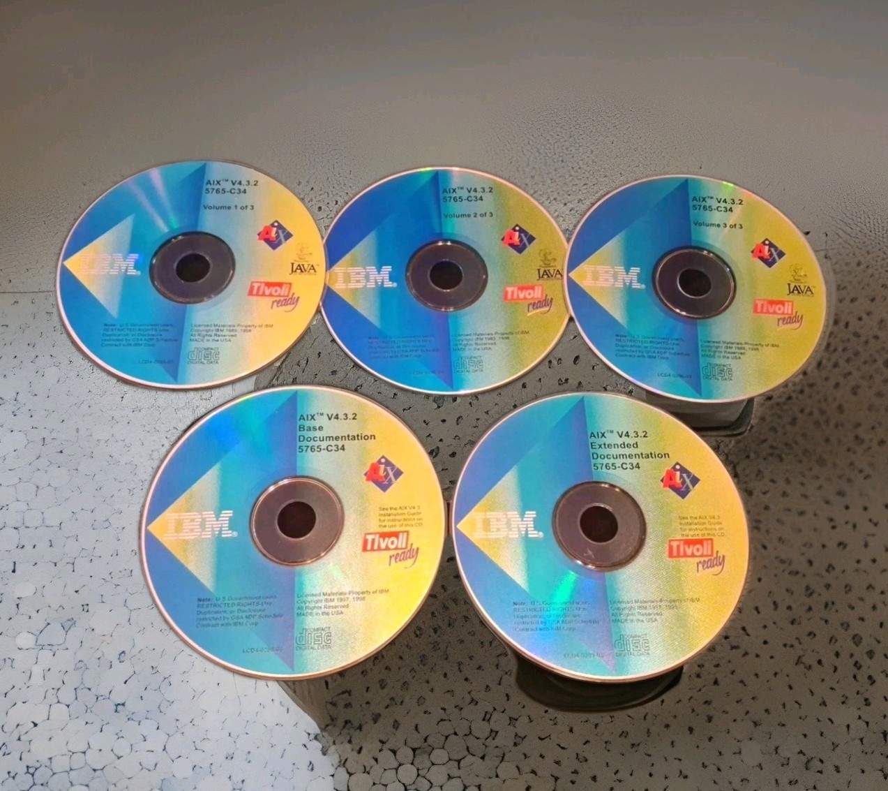 IBM AIX V4 3.2 / 5765-C34 – UNIX Software Vol 1-3 + Base & Ext. Docs CDs 5 Discs