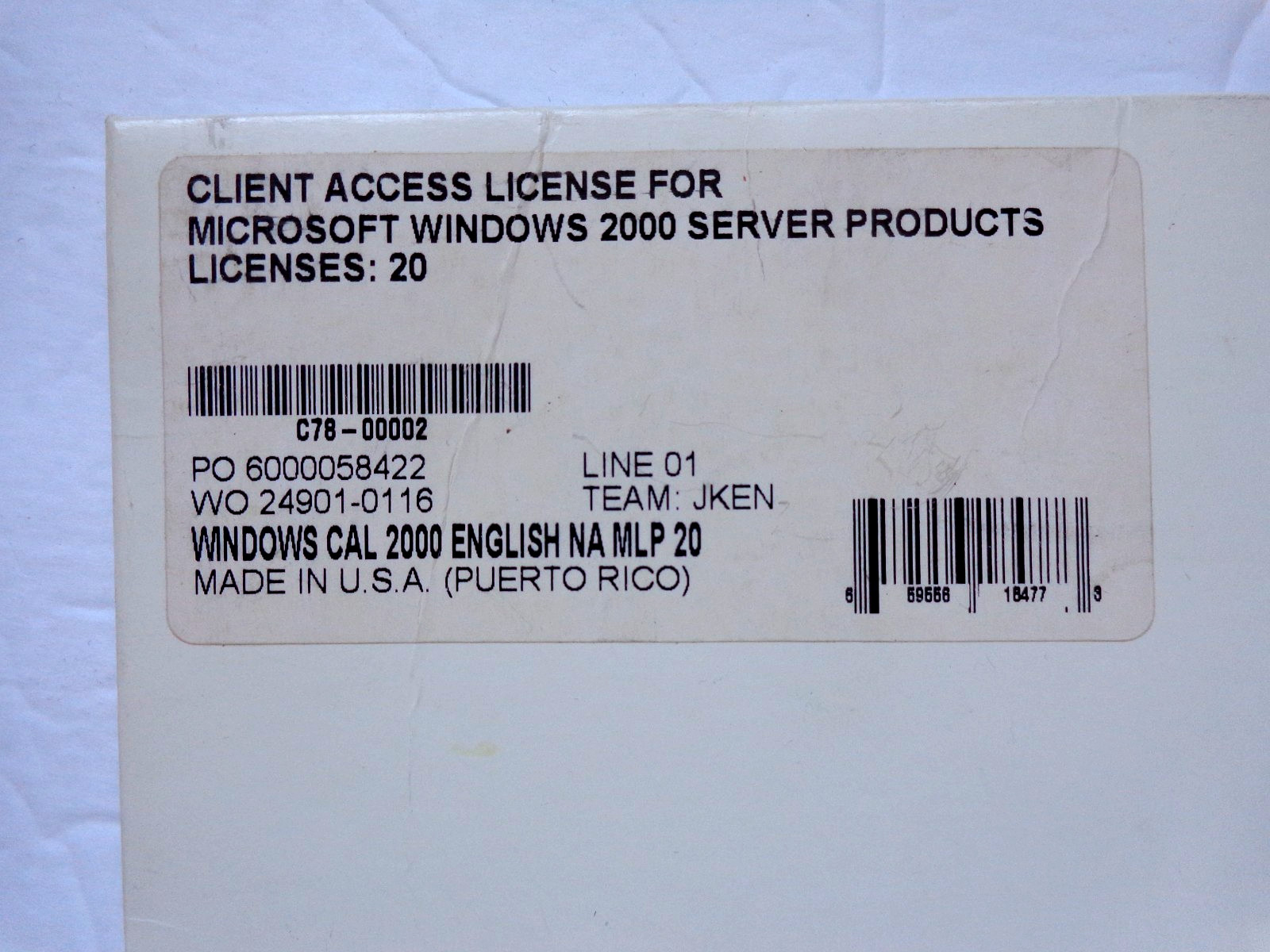 Microsoft Windows 2000 Server – 20 Client License Pak Only