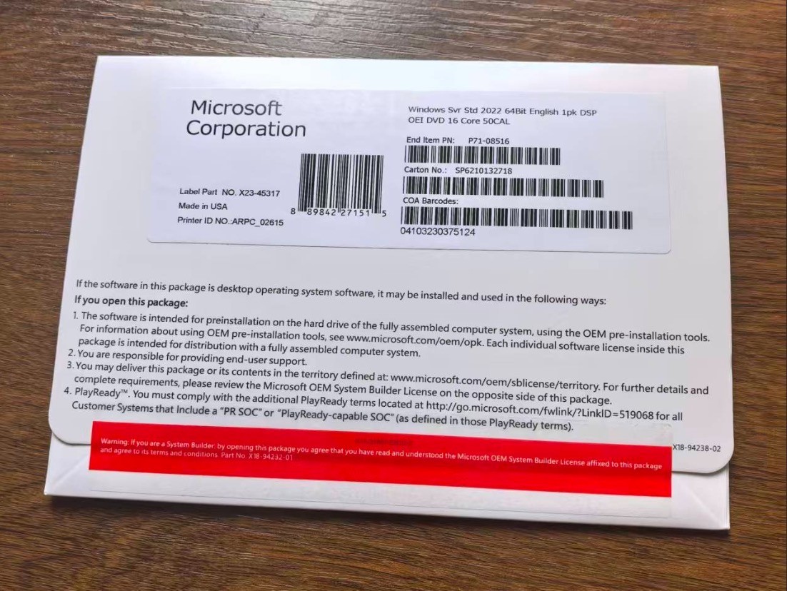 Windows Server Std 2022 64-bit DVD 16 Core 50 CAL Product Key + Free Shipping