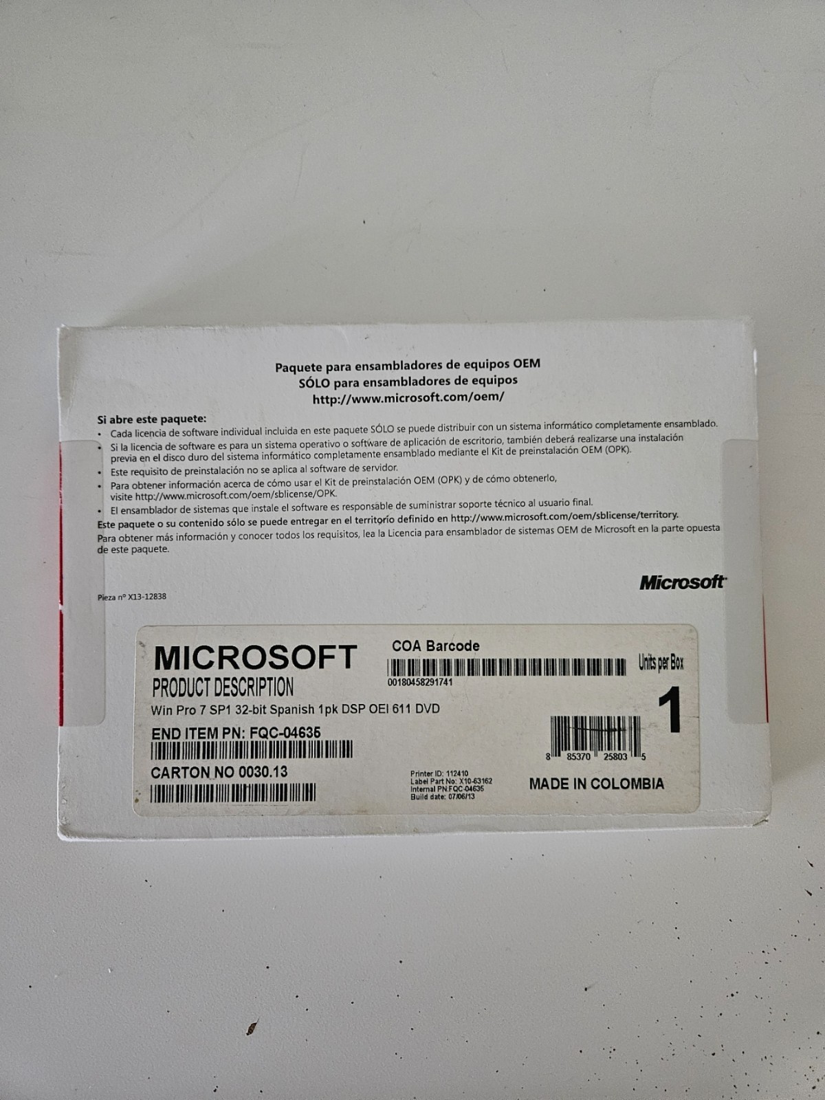 Microsoft Win Pro 7 SP1 32Bits Spanish 1 Pk