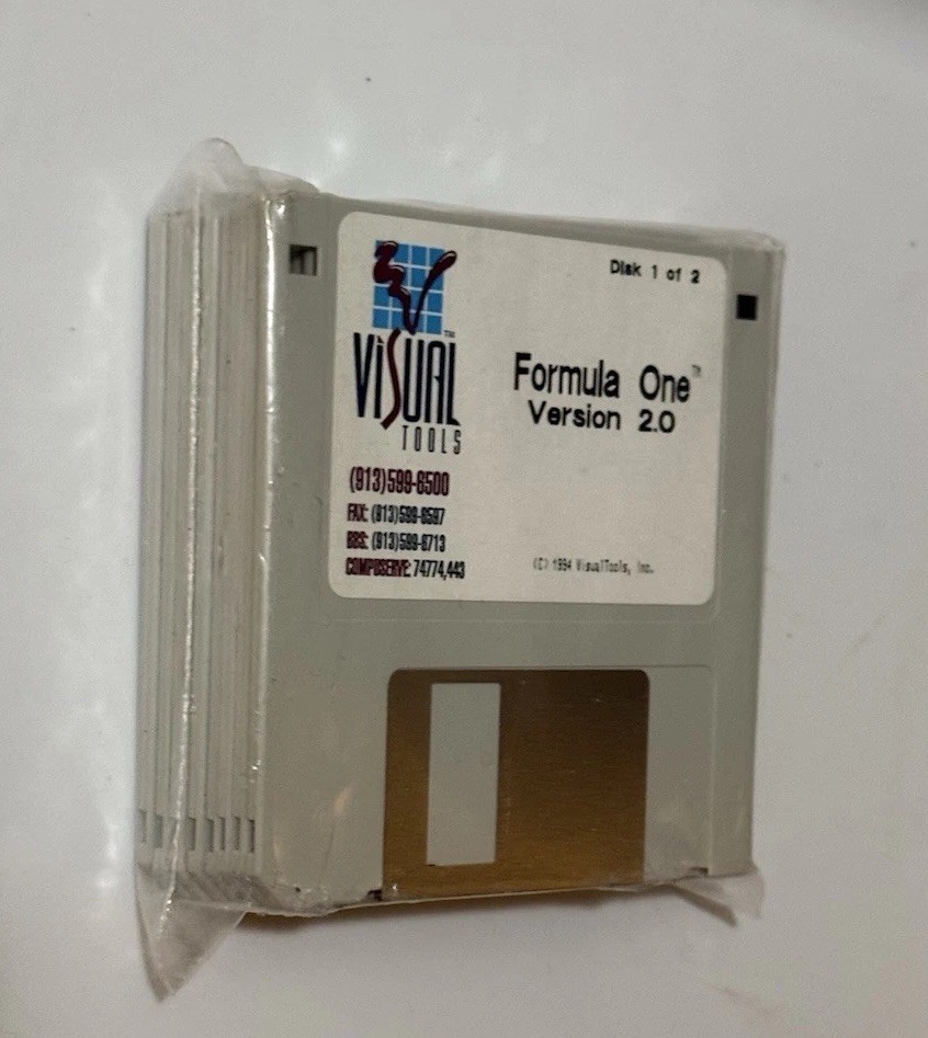 SEALED 8 Disk Vtg Total: 1994 Visual Tools formula One Version 2.0, 3.5″ Disks