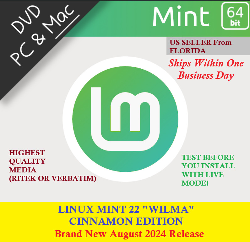 Linux Mint 22 „Wilma” Cinnamon Live DVD Bootable x86-64 New Release Aug 2024