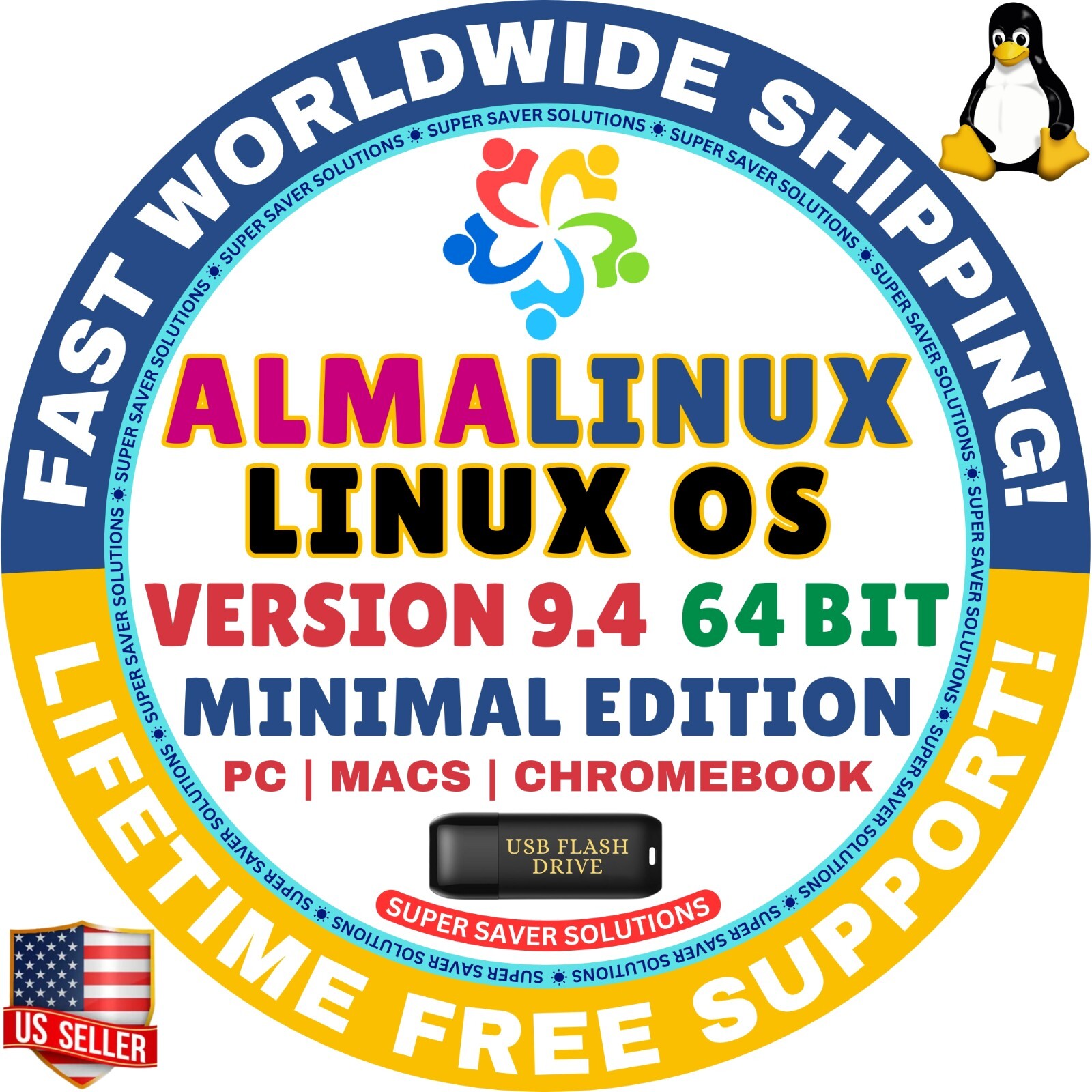 AlmaLinux OS 9.4 USB Flash Drive | MINIMAL EDITION | AMD64 | MAC/PC | Alma Linux