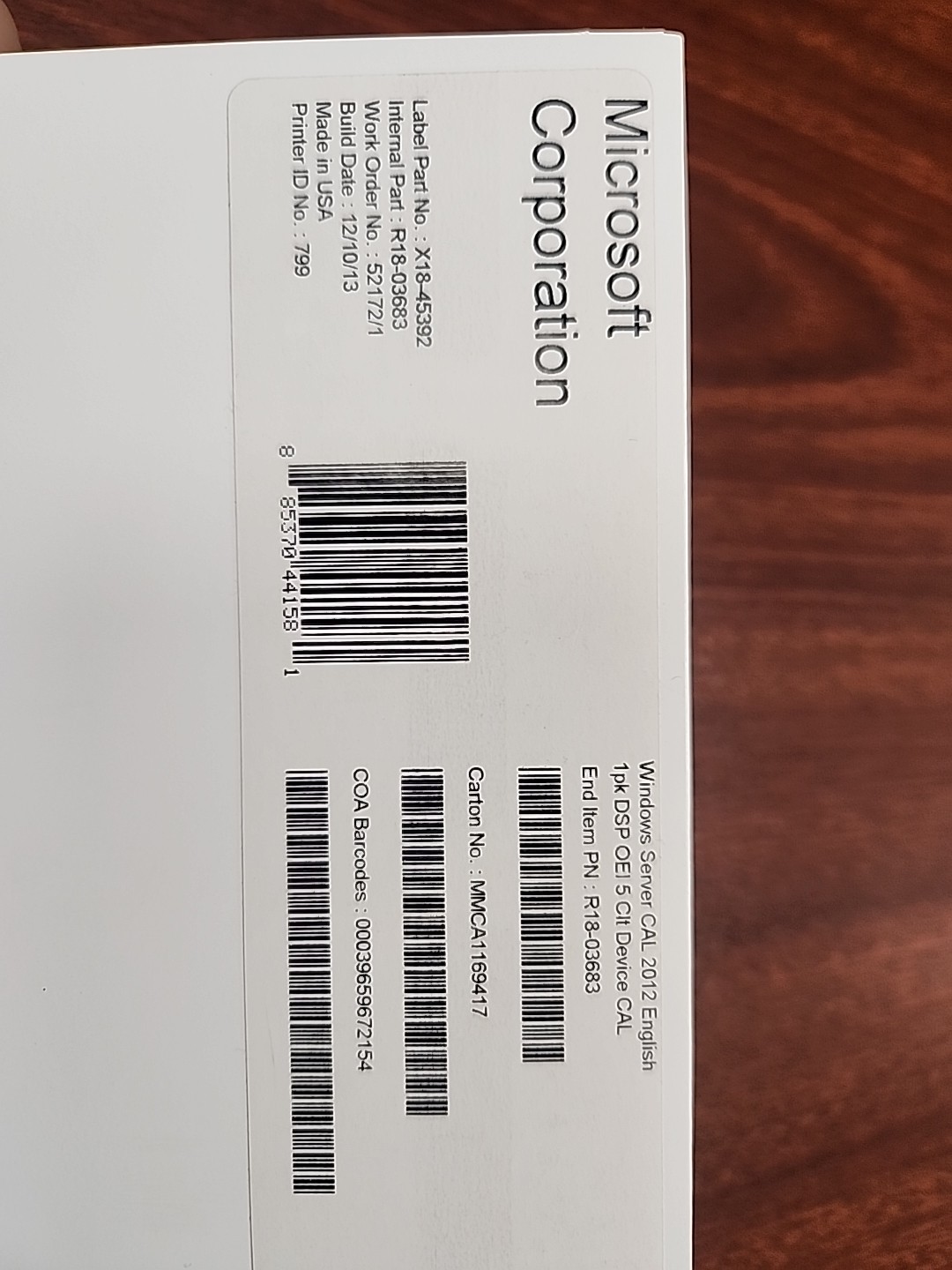 Microsoft Windows Server CAL 2012 R18-03683 1PK COA DSP OEI 5 clt Device CAL