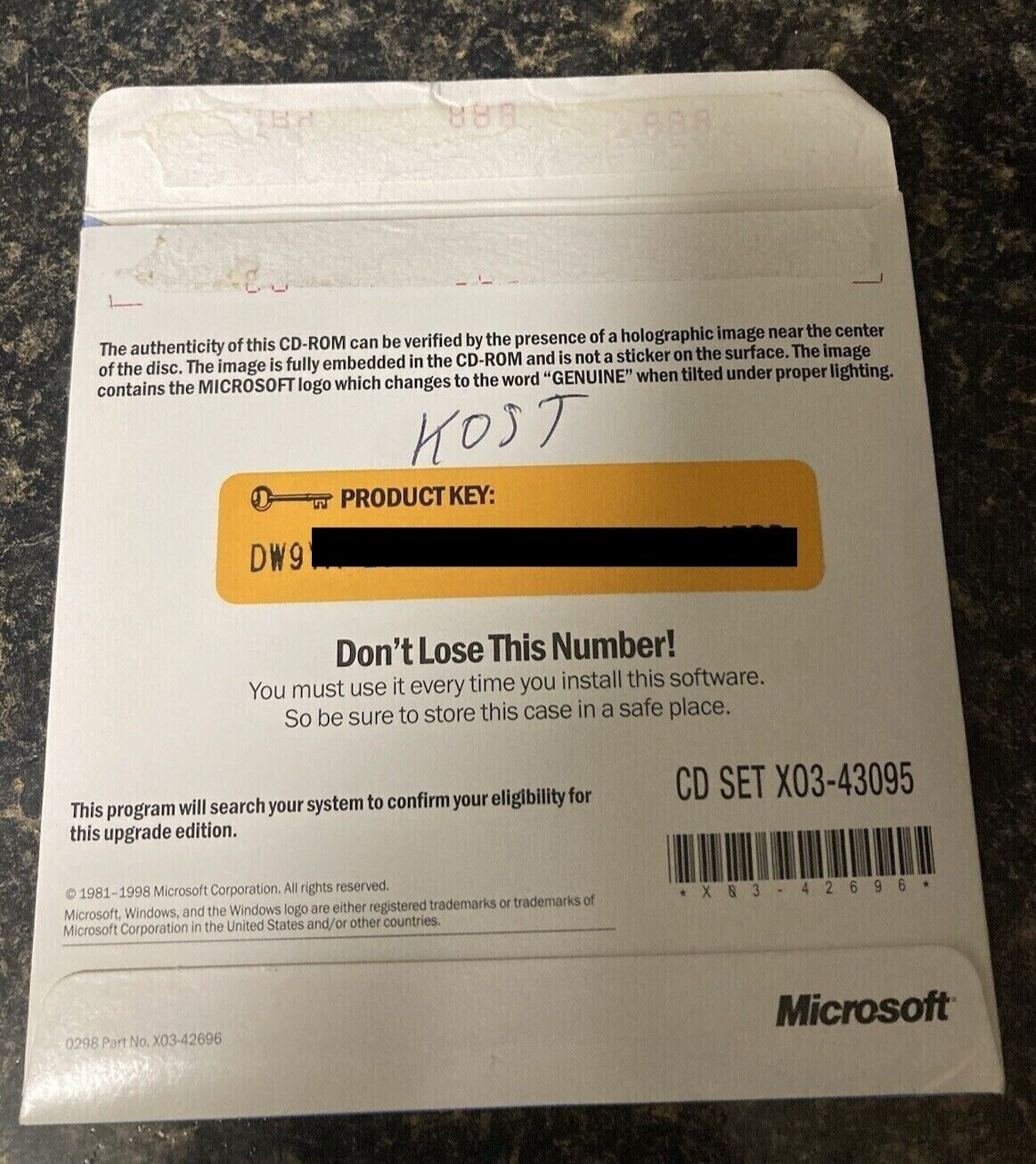 Microsoft Windows 98 Upgrade w/Key&Manual