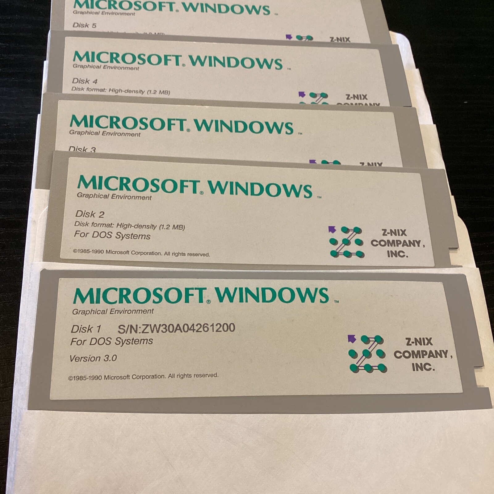 Lot of (5) Microsoft Windows for DOS Systems Version 3.0 5.25″ Floppy Disks