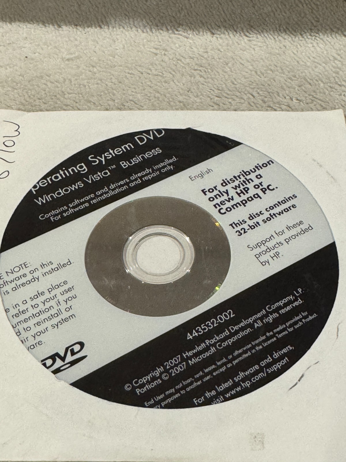 HP Operating System DVD Windows Vista Business 32bit – CD ONLY VERY GOOD CONDITI