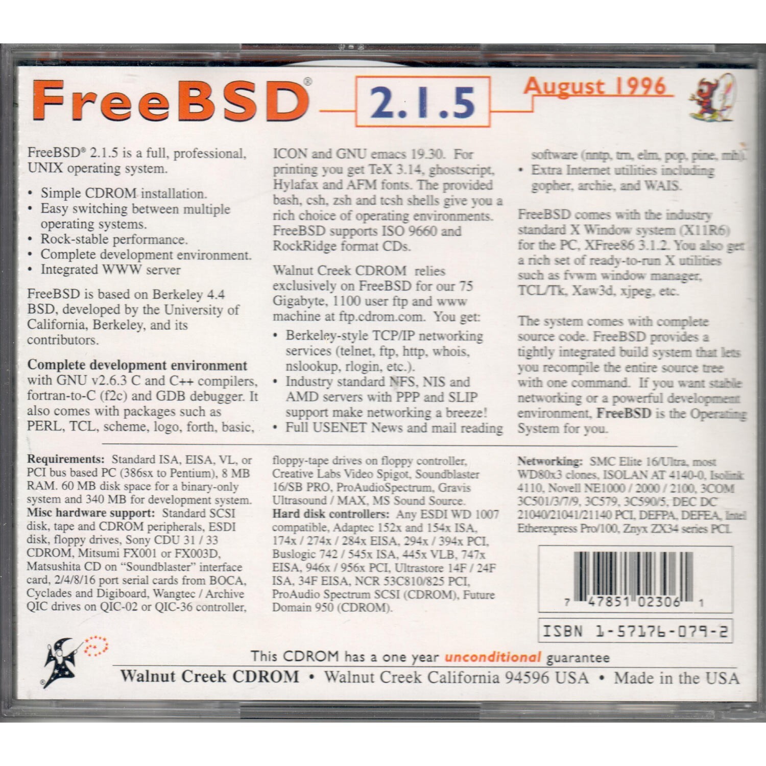 FreeBSD 2.1.5 UNIX Operating System Install CD Walnut Creek CDROM August 1996