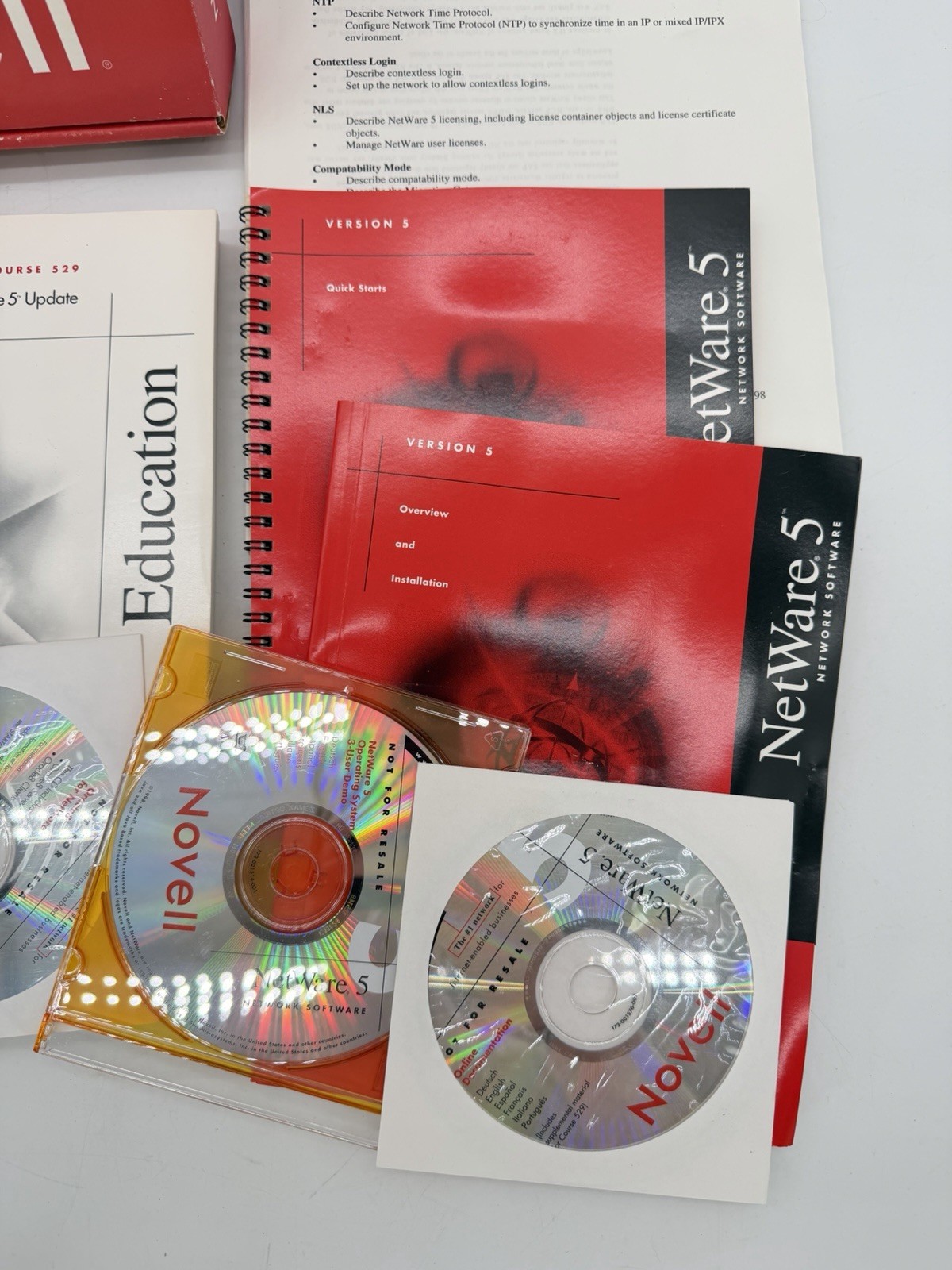 NOVELL NETWARE 5 Educational Student Set W/ BOOKS, CDs, Paperwork & Box