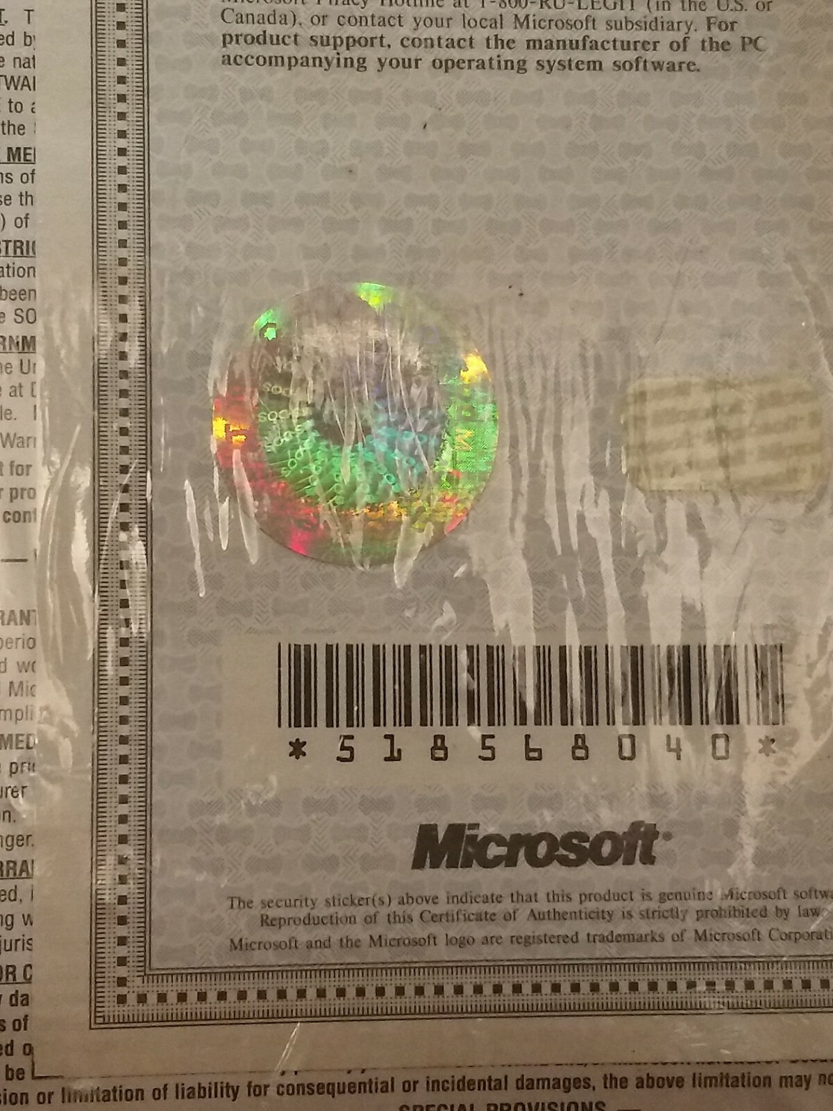 NEW Microsoft MS DOS 6.2 COA with Microsoft Hologram. Vintage.