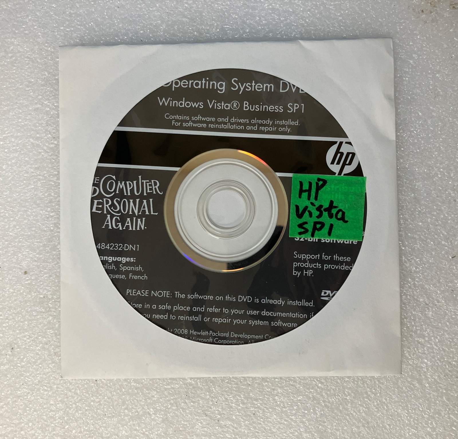 ~ HP Compaq Windows Vista Business 32-bit SP1 Reinstallation DVD 484232 (No Key)