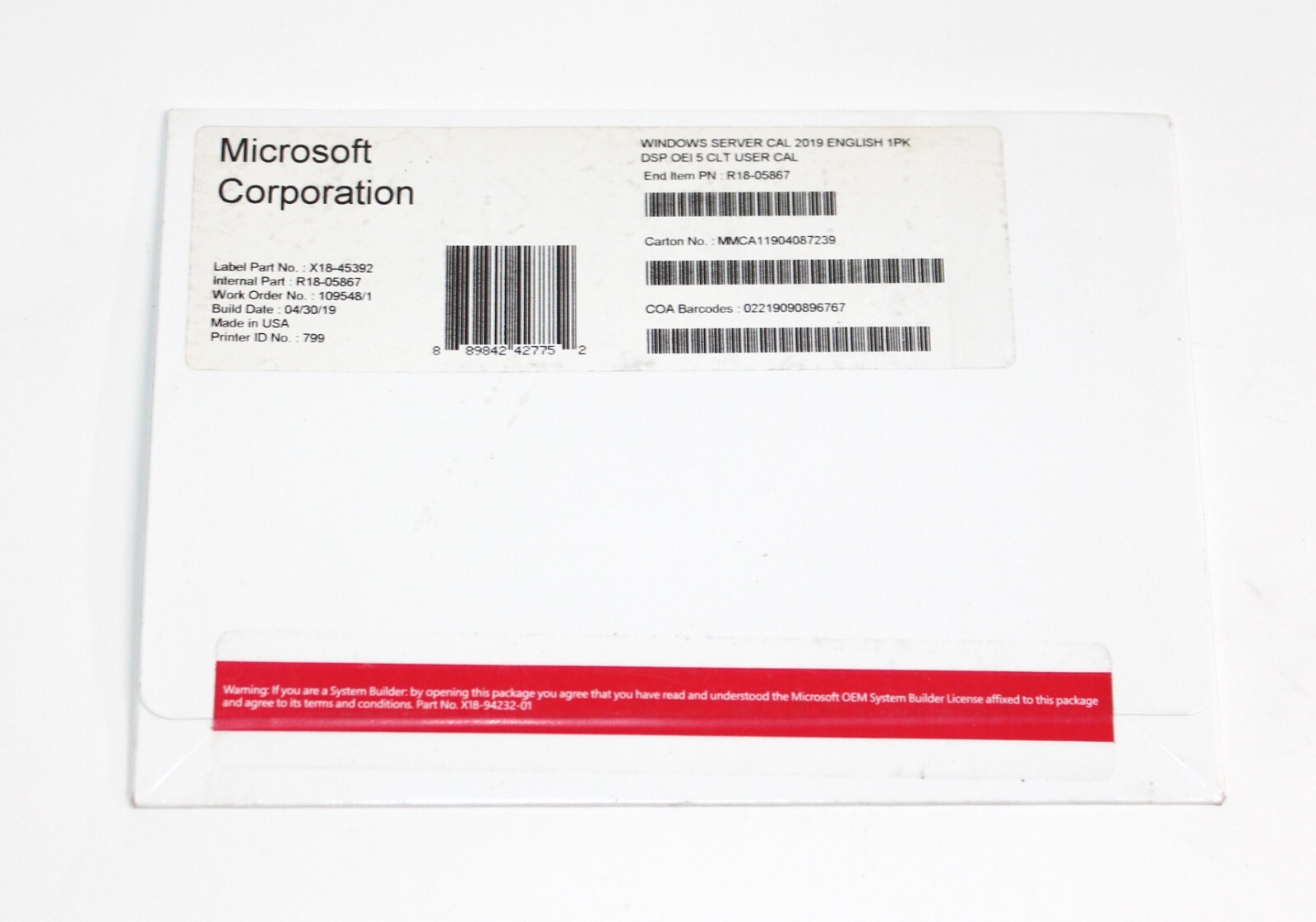 Windows Server CAL 2019, R18-05867 MICROSOFT SERVER 2019 5 USER CAL LICENSE